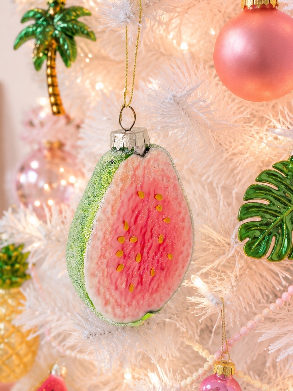 Bloomingdale’s Glass Guava Fruit Ornament 🍈 Pink & Green Glitter NWT